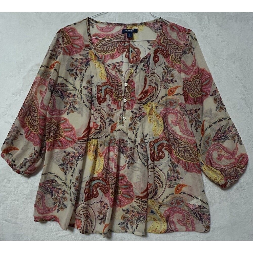 Old Navy Multicolor Sheer Blouse, Balloon Sleeves Hippie Floral Paisley Size L